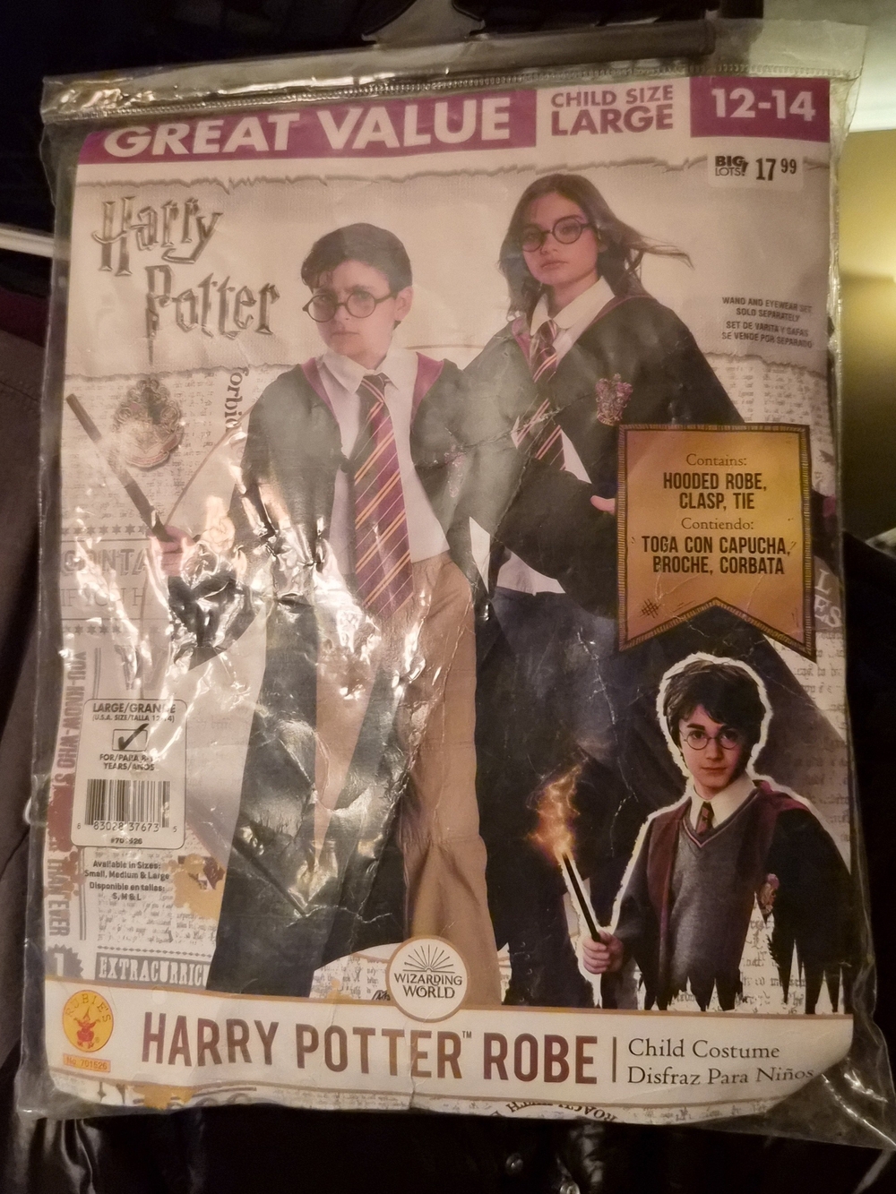 Harry Potter Kids Hooded Robe Costume - Black with Burgundy Tie - Child Large